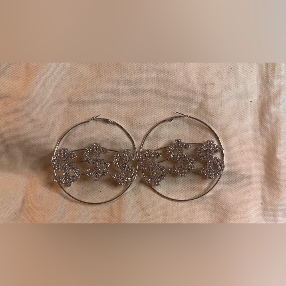 Silver Hoop Earrings with Sparkling Dollar Sign Charms